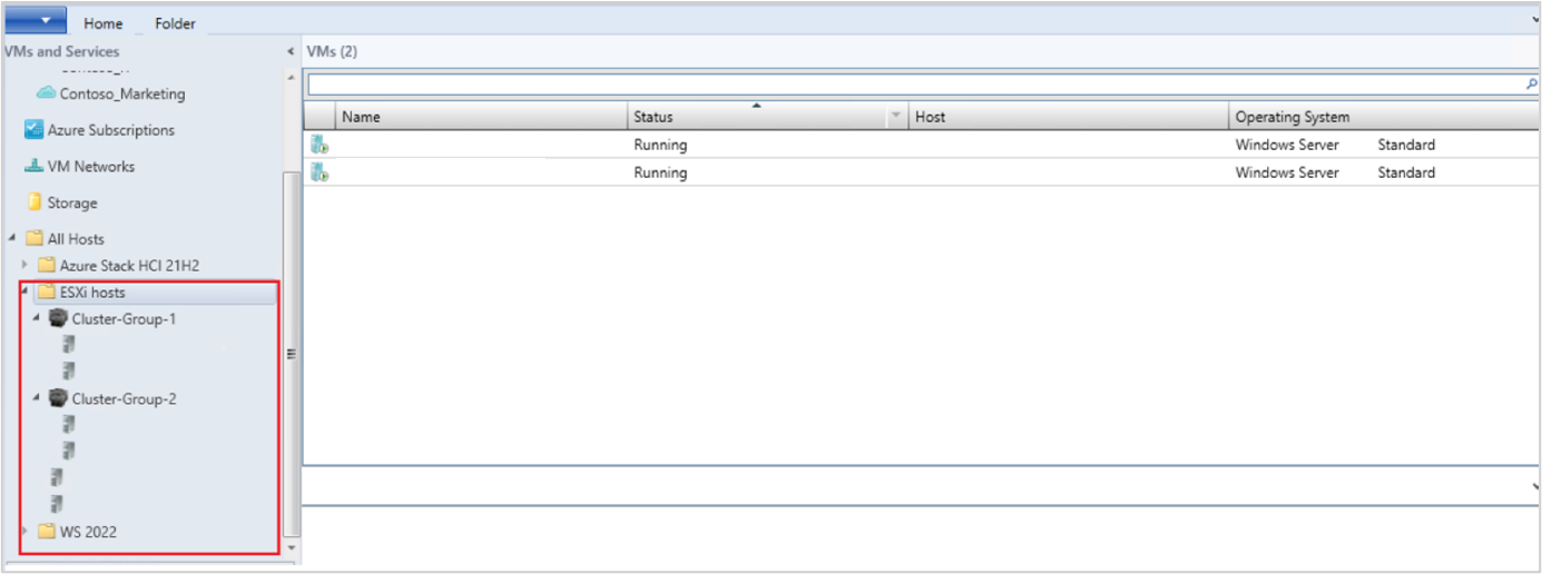 Capture d’écran montrant les hôtes ESXi.