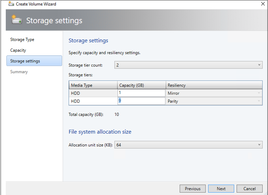 Capture d’écran de la configuration des paramètres de stockage.