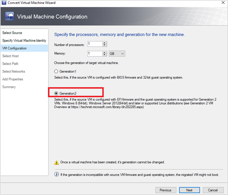 Capture d’écran de la configuration de la conversion de machine virtuelle vers la génération 2.