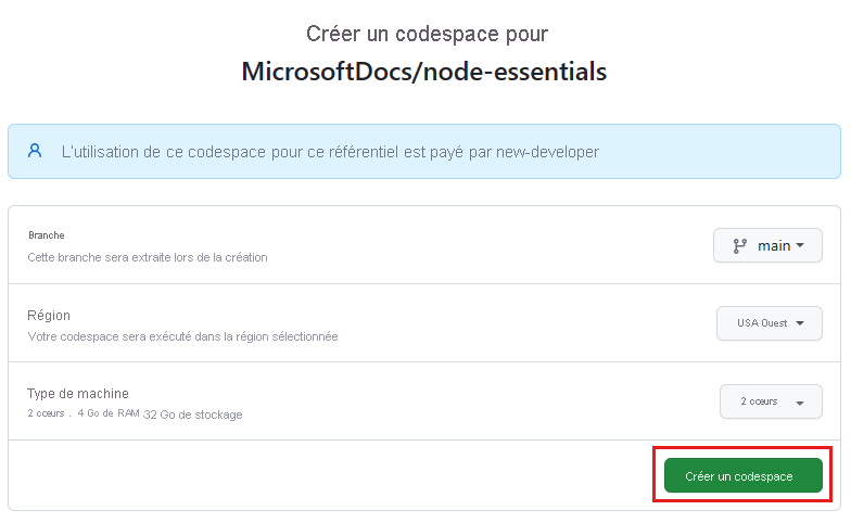 Capture d’écran de l’écran de confirmation avant de créer un nouveau codespace.
