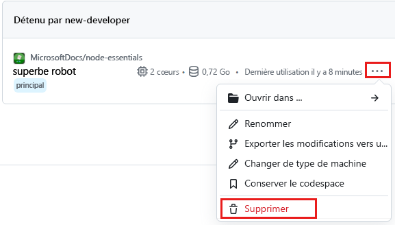 Capture d’écran du menu contextuel d’un codespace avec l’option Supprimer mise en évidence.