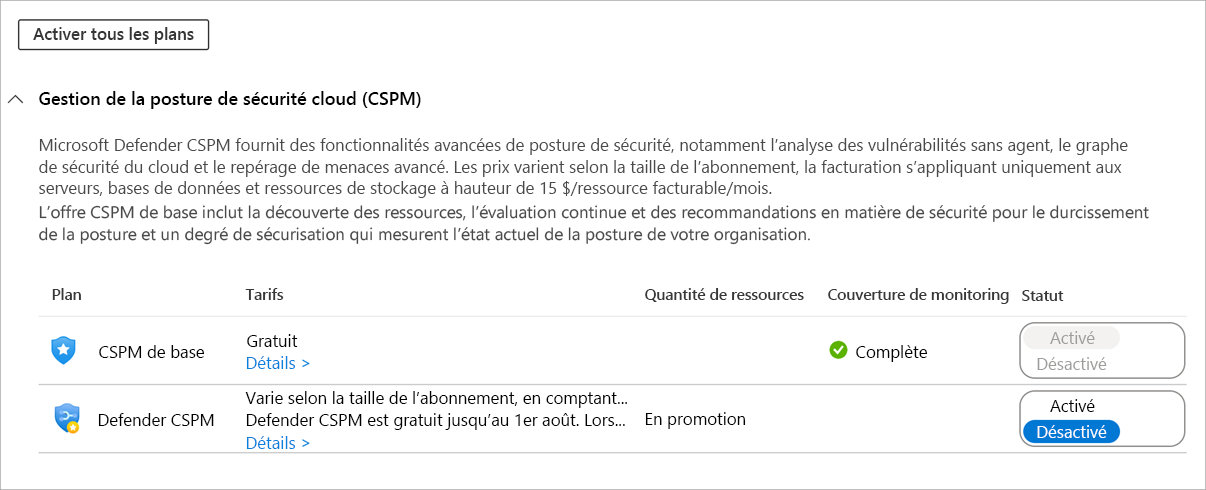 Capture d’écran montrant les options CSPM de base et Defender CSPM.