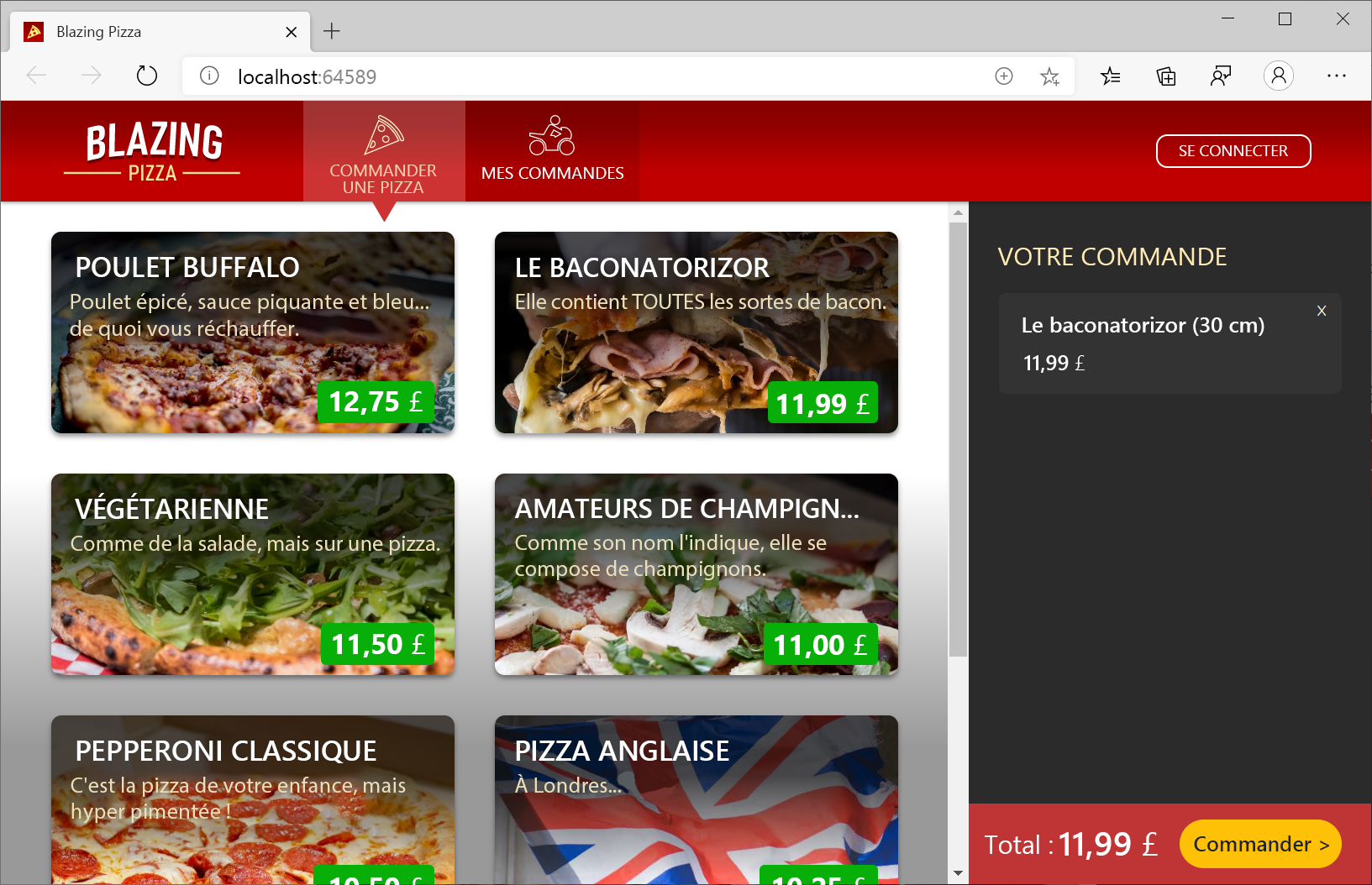 Screenshot of pizza shop website built with Blazor.