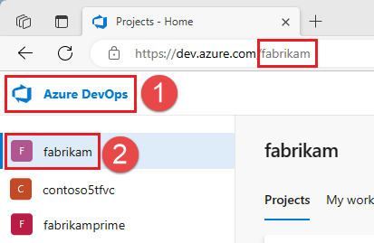 Capture d’écran montrant votre organisation Azure DevOps.