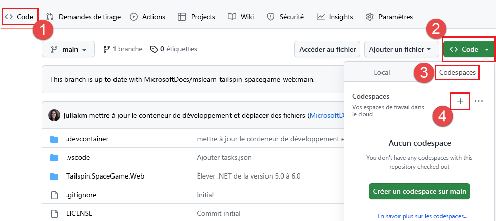 Capture d’écran de la création d’un codespace avec des options. 