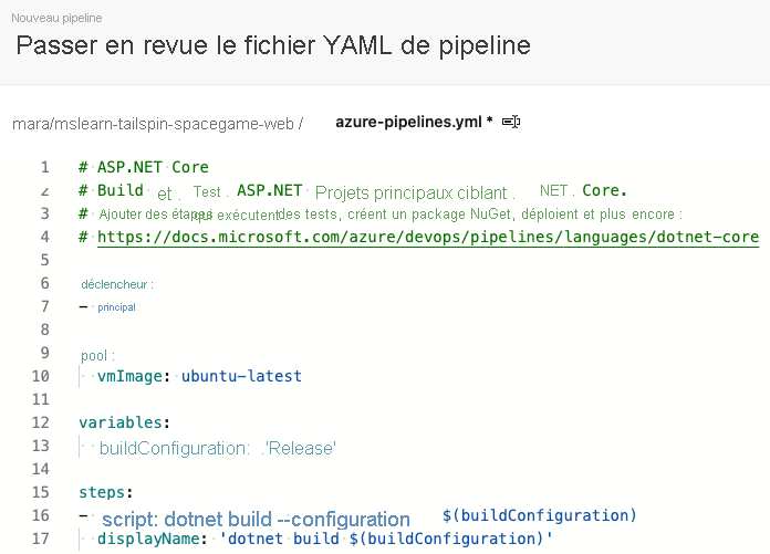 Capture d’écran d’Azure Pipelines avec la configuration de build initiale.