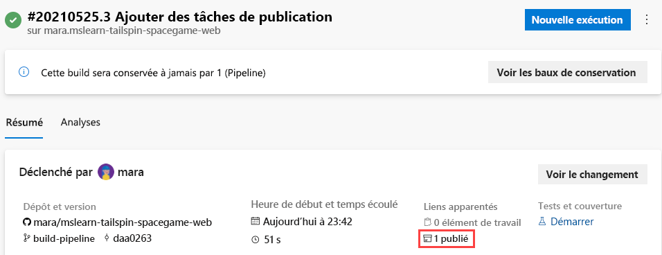 Capture d’écran du récapitulatif de la génération. Les détails comprennent le dépôt et la version, l’heure de début et de fin, ainsi qu’un lien vers l’artefact de build publié.