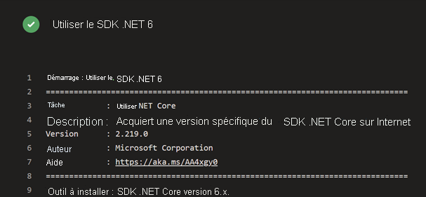 Capture d’écran d’Azure Pipelines montrant la tâche du SDK .NET en cours d’exécution dans le pipeline.