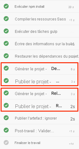 Capture d’écran d’Azure Pipelines montrant les tâches de modèle développées, comme les tâches de génération et de publication pour les configurations Debug et Release.