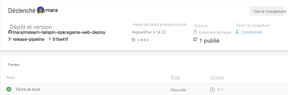 Capture d'écran d'Azure Pipelines montrant le résumé du travail.