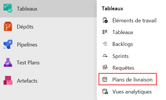 Capture d’écran de l’option Plans de livraison dans le menu déroulant.