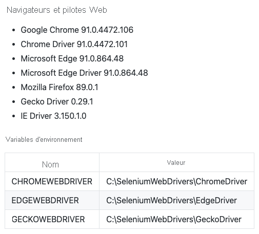 A screenshot showing the documentation for the installed Selenium drivers on the build agent.