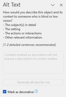 Capture d’écran du volet Texte de remplacement dans Word. La case Marquer comme décorative est cochée.