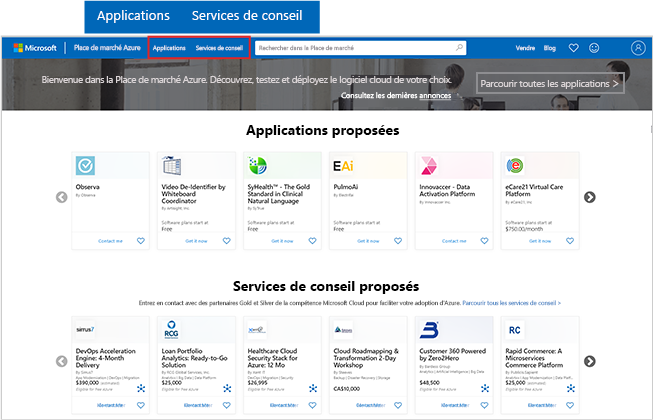 Capture d’écran de la page d’accueil de la Place de marché Azure, avec mise en évidence des boutons applications et services de conseil.