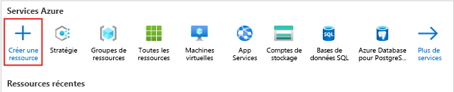 Capture d’écran de la page d’accueil du portail Azure, avec mise en évidence du bouton créer une ressource.