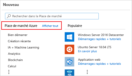 Capture d’écran de la page Nouvelle ressource du portail Azure avec la Place de marché Azure.