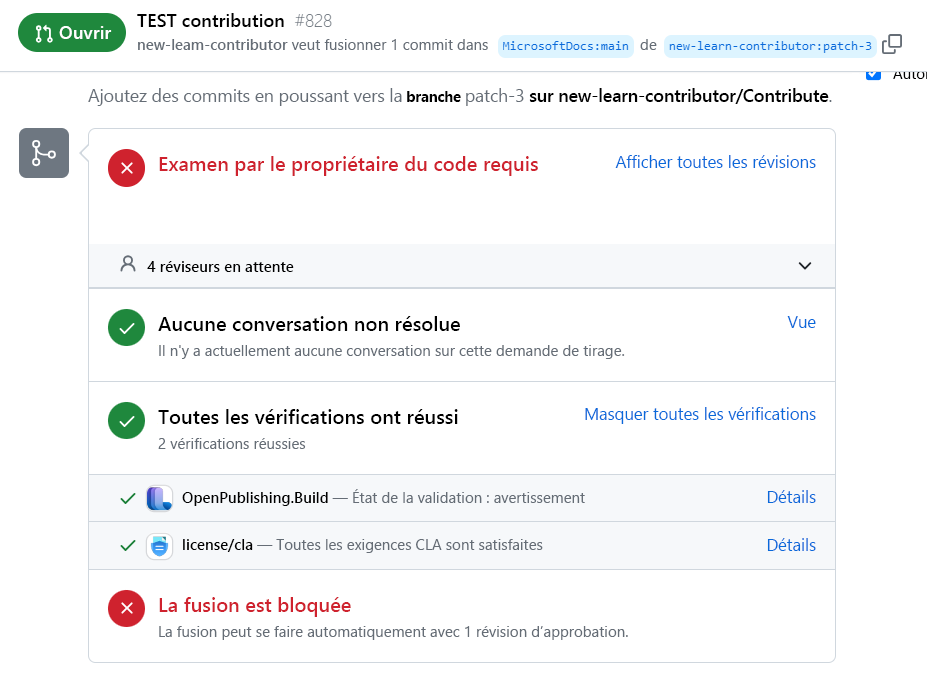 Screenshot of the PR created during the exercise showing two validation checks passing.