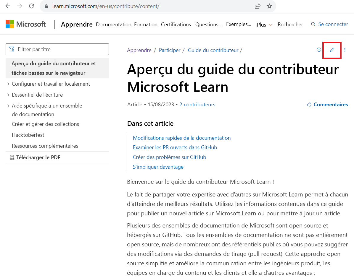 Capture d’écran de l’article Contribuer ouvert et de l’icône de crayon Modifier mise en surbrillance.