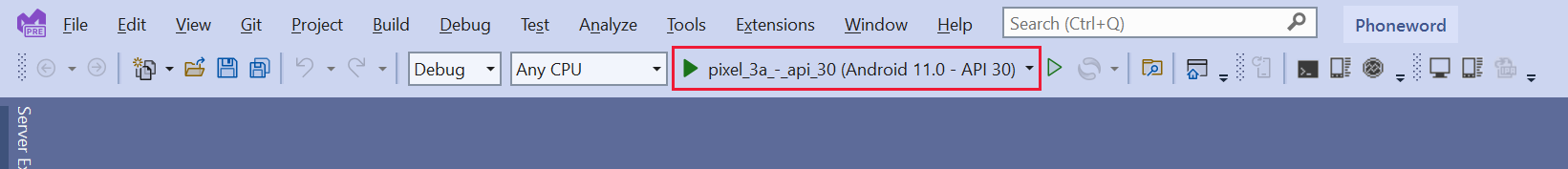 Capture d’écran de la barre d’outils de Visual Studio. Elle indique que le profil pixel 3 p i 30 a été sélectionné et qu’il est prêt à démarrer le débogage dès que l’utilisateur appuie sur le bouton de lecture.