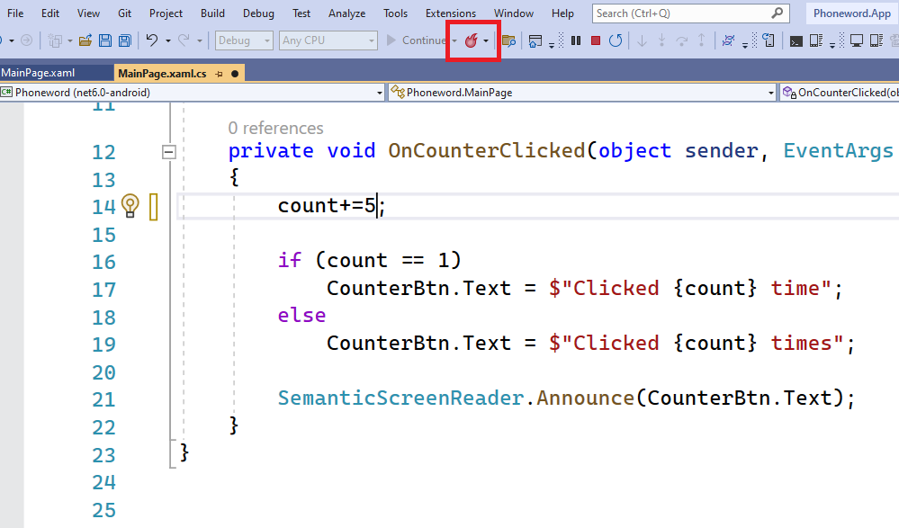 Capture d’écran de la barre d’outils Visual Studio. Le bouton Rechargement à chaud est en surbrillance.