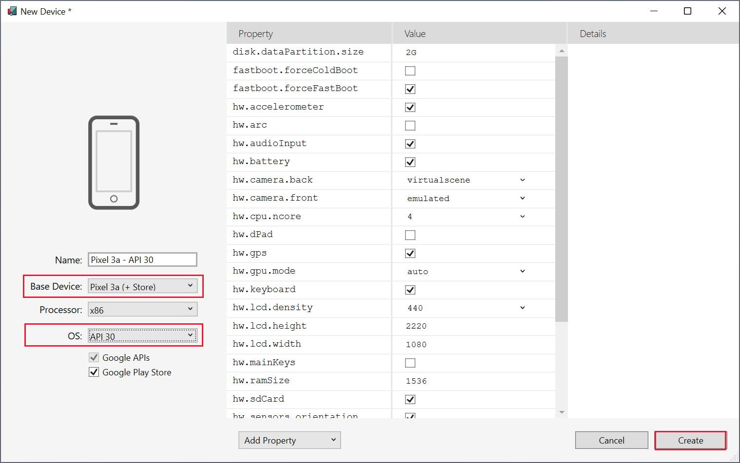 Capture d’écran de la fenêtre Nouvel appareil à partir du kit Android SDK. L’utilisateur crée un appareil Pixel 3 avec une API 30 sélectionnée.