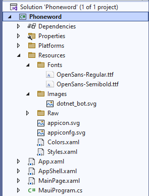 Capture d’écran du projet Phoneword dans la fenêtre Explorateur de solutions Visual Studio.