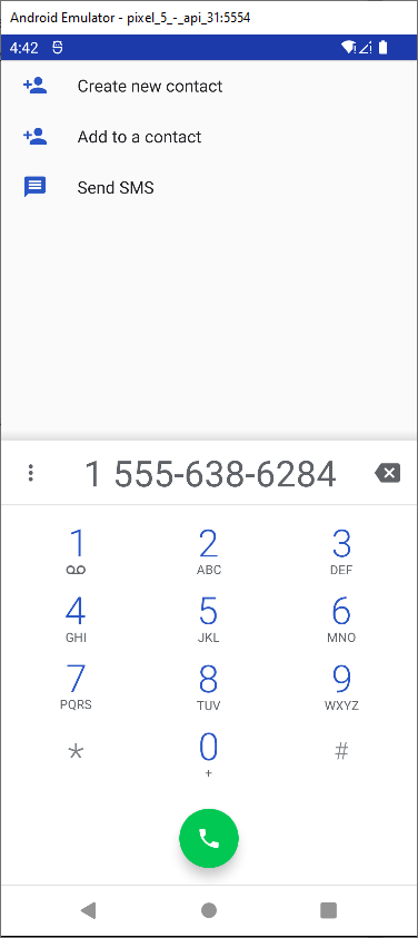 Numéroteur téléphonique Android contenant le numéro fourni par l’application.