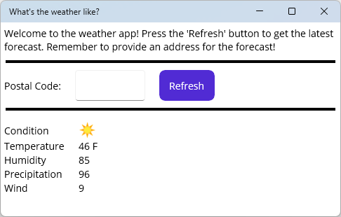 Capture d’écran de l’application .NET MAUI qui affiche les prévisions météorologiques avec une icône de soleil pour indiquer la condition du ciel.