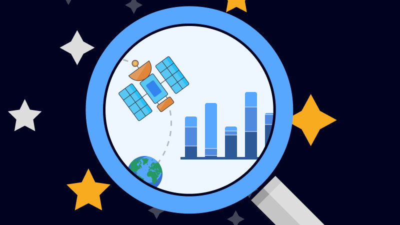Illustration d’une loupe montrant une fusée s’activant à partir de la terre et d’un graphique à barres sur le thème d’un horizon.