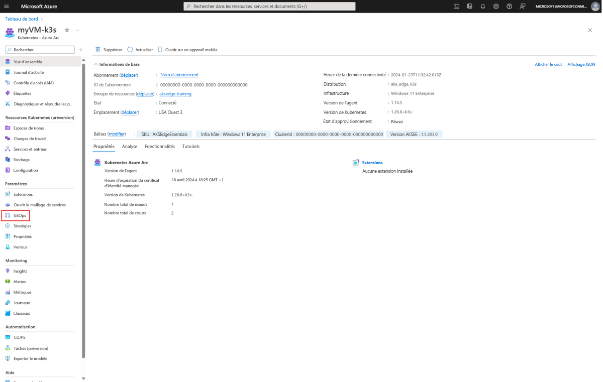 Screenshot of AKS Edge Essentials Kubernetes Azure Arc resource in Azure portal, with GitOps highlight.