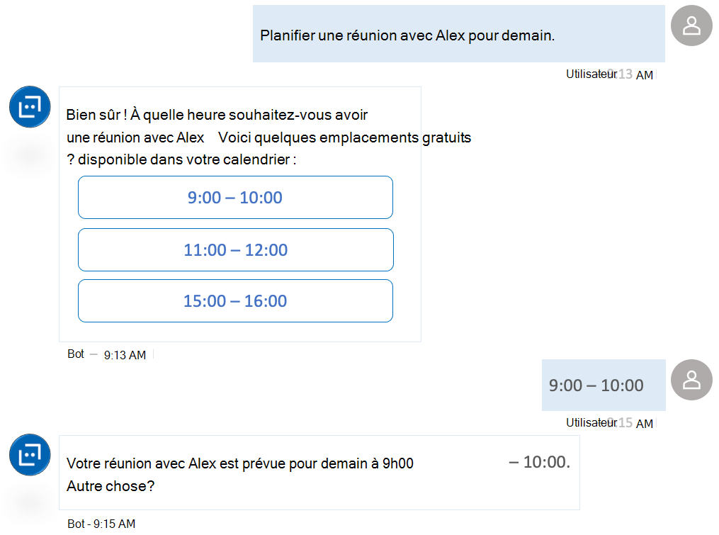 Capture d’écran affichant un chatbot qui consomme l’API de calendrier Outlook Microsoft Graph en tant que solution de productivité.