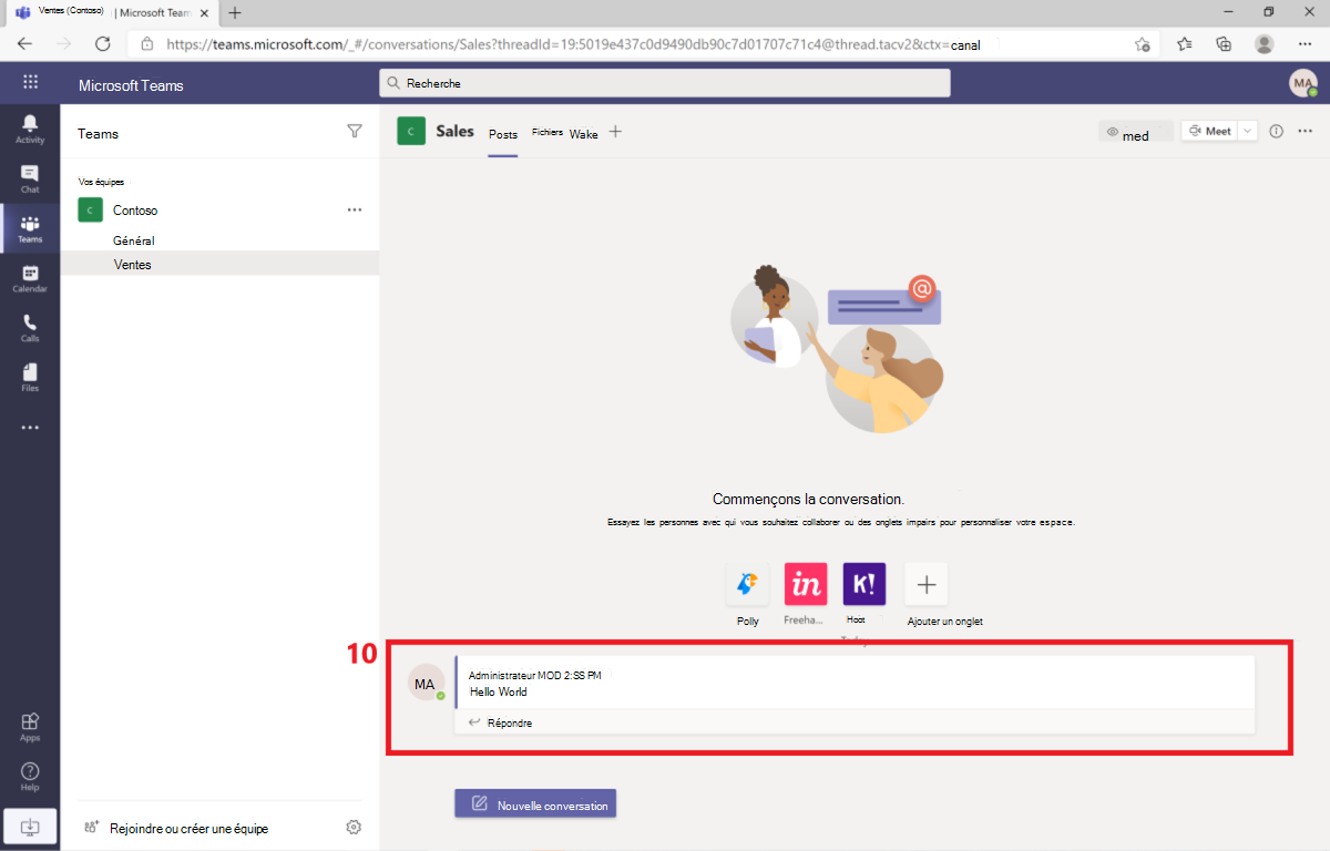 Capture d’écran montrant le résultat de la demande de publication dans Microsoft Teams.