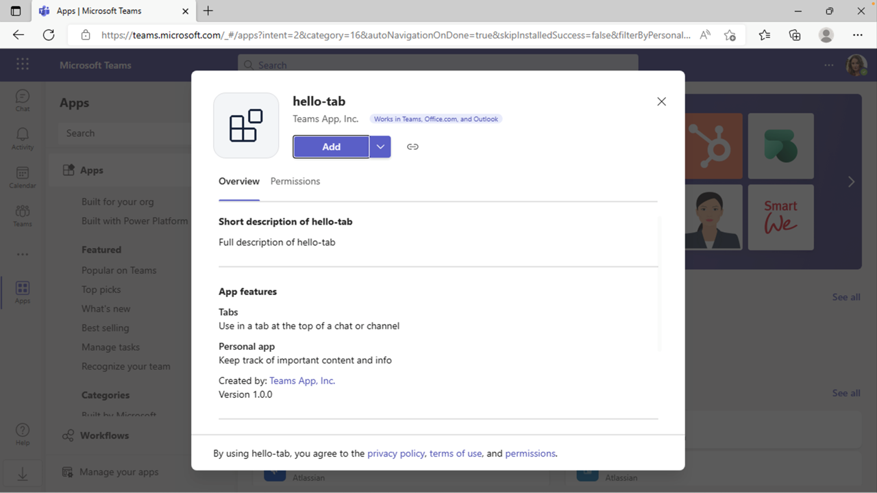 Capture d’écran montrant l’ajout d’une application dans Microsoft Teams.