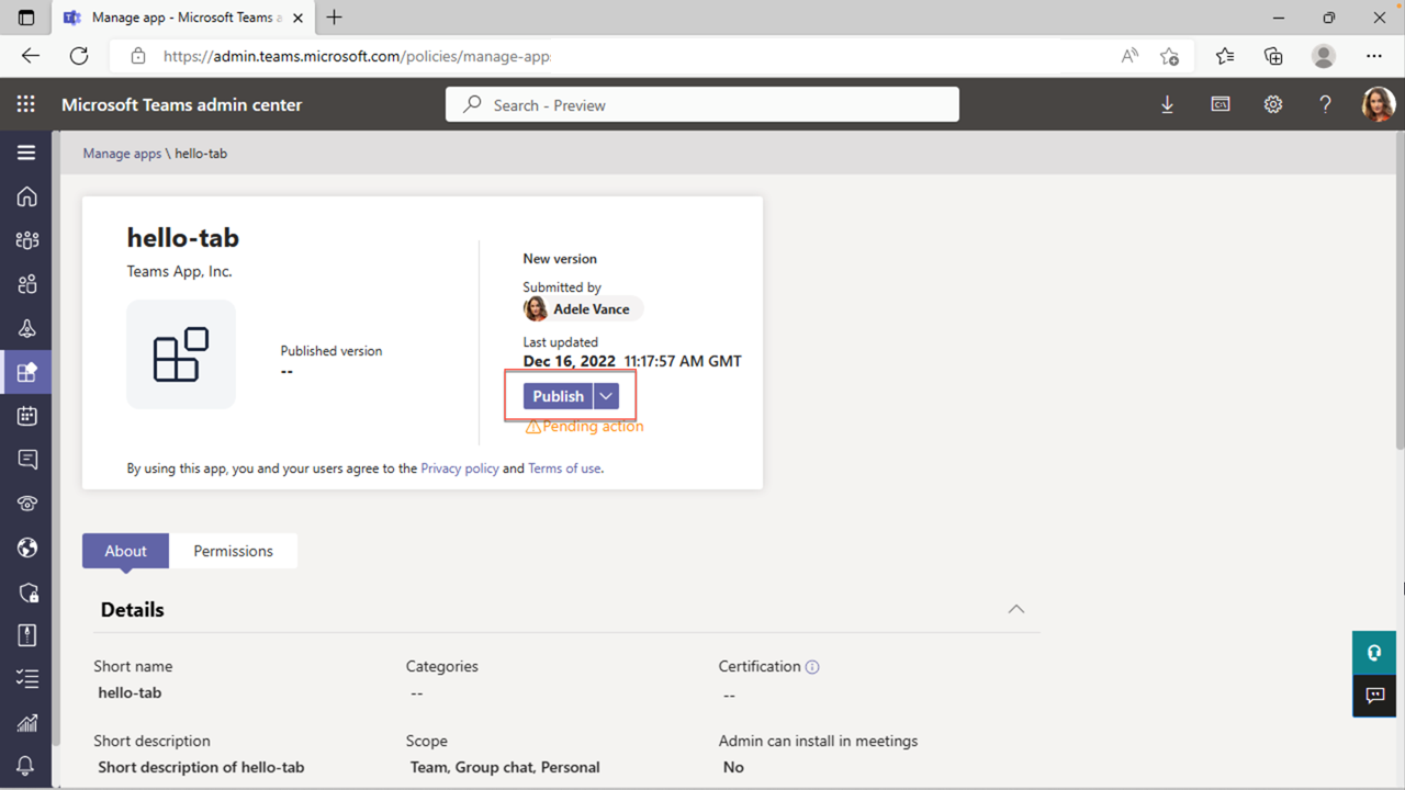 Capture d’écran de la publication de l’application dans le Centre d’administration Teams.