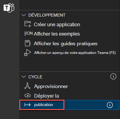 Capture d’écran du panneau Teams Toolkit ouvert et de l’option Publier sur Teams mise en évidence.