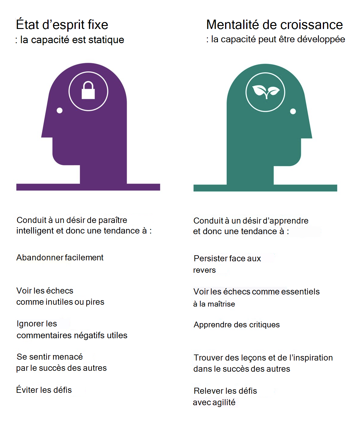 Diagramme qui compare les caractéristiques d’un état d’esprit fixe et d’une mentalité de croissance.