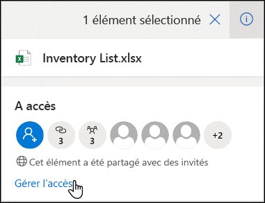 Les propriétaires de fichiers peuvent arrêter ou modifier les autorisations de partage à tout moment en cliquant sur le volet Détails et en sélectionnant gérer l’accès.