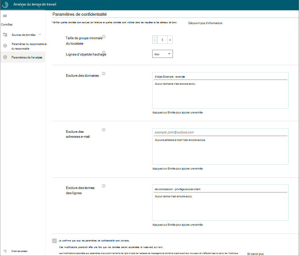 Capture d’écran des paramètres de confidentialité pour Analyse du temps de travail