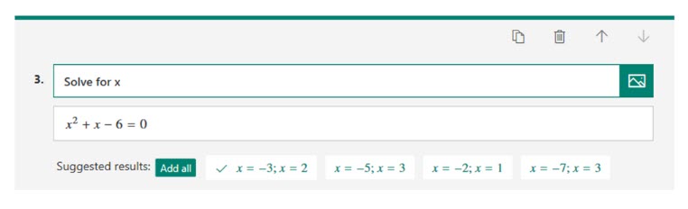 Capture d’écran montrant les résultats de réponse suggérés dans Microsoft Forms pour l’équation : x au carré plus x moins 6 égal à 0.