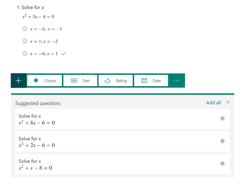 Capture d’écran montrant les questions suggérées dans Microsoft Forms pour l’équation : x au carré plus 3x moins 4 égal à 0.