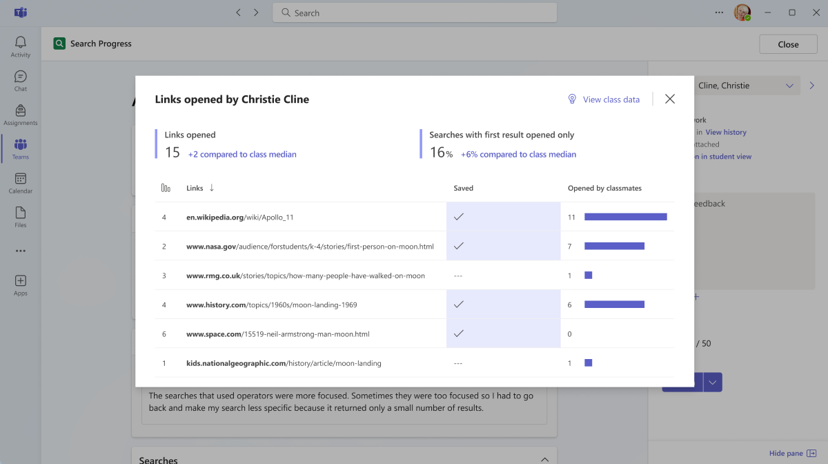 Capture d’écran de l’écran ouvert des liens de l’apprenant Progrès en recherche.