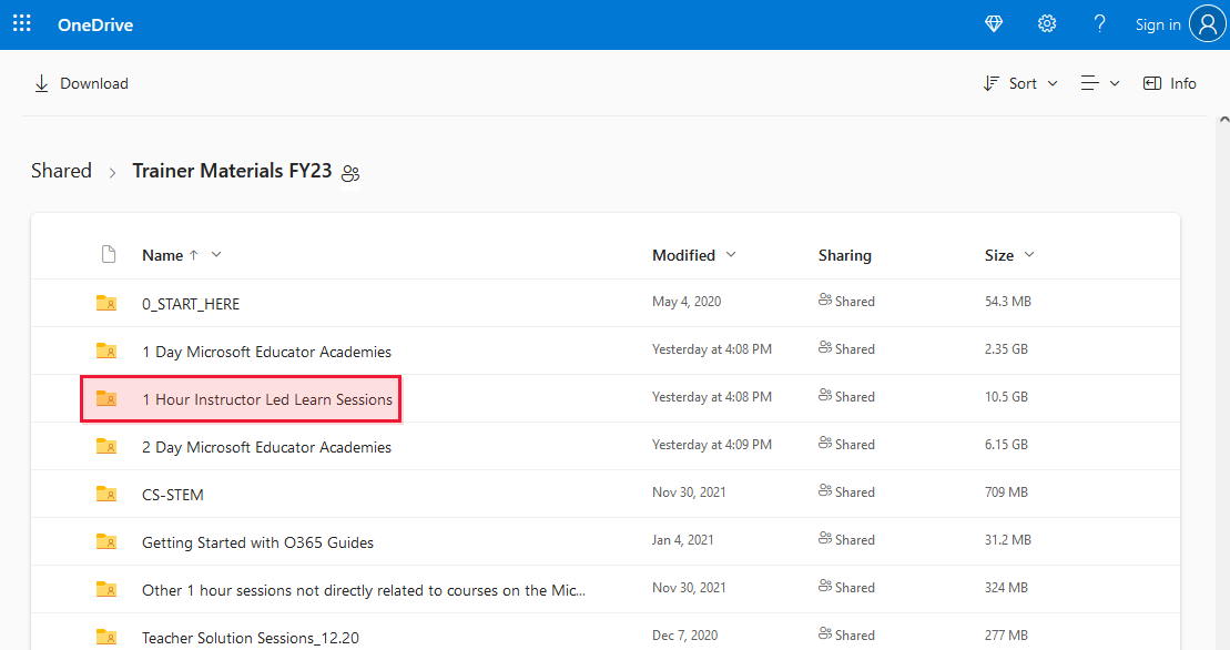 Capture d’écran du OneDrive des ressources du formateur des enseignants de Microsoft, avec le dossier de sessions synchrones d’une heure mis en évidence.