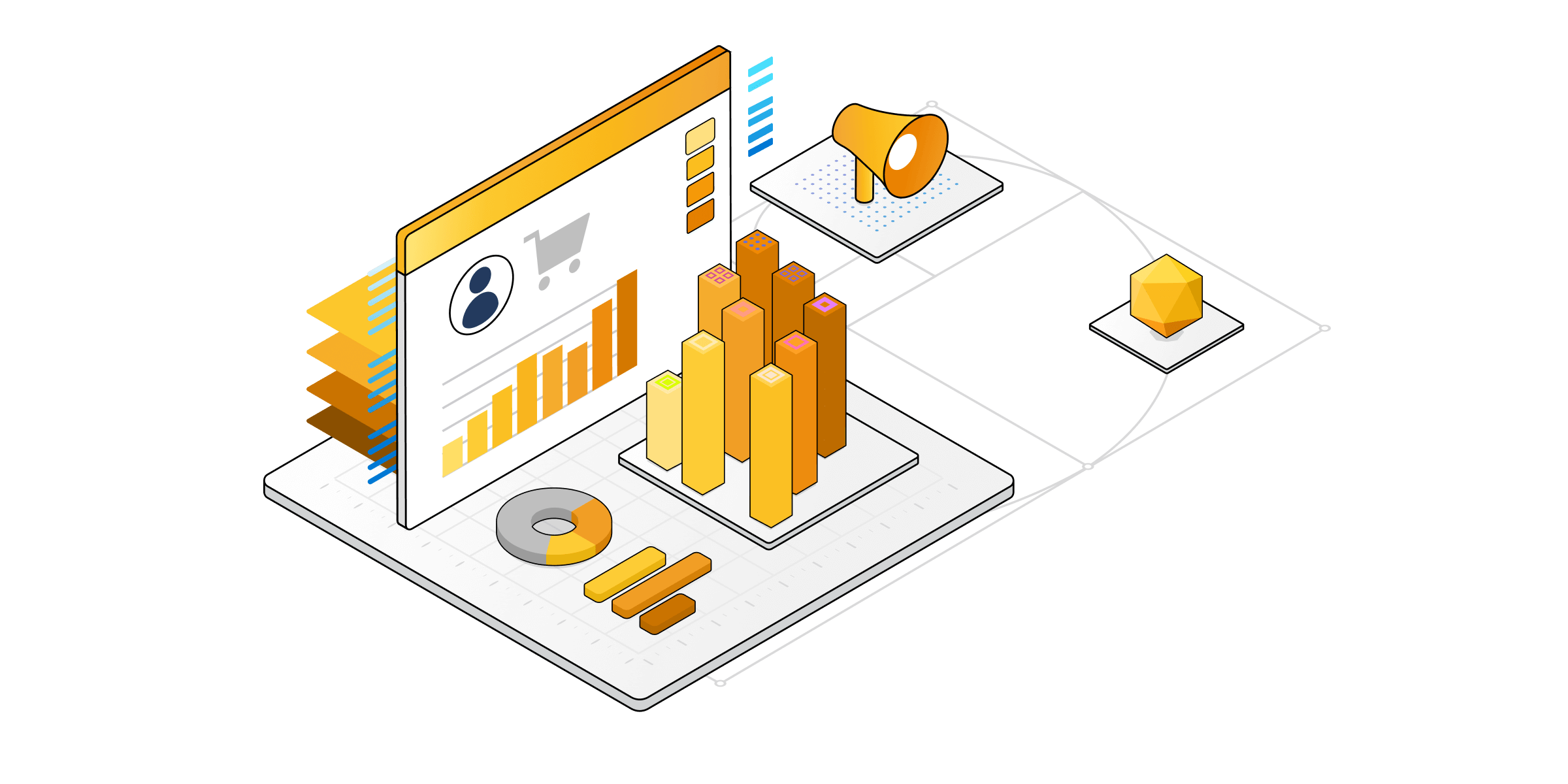 Illustration isométrique des composants techniques pour les services de Commerce.