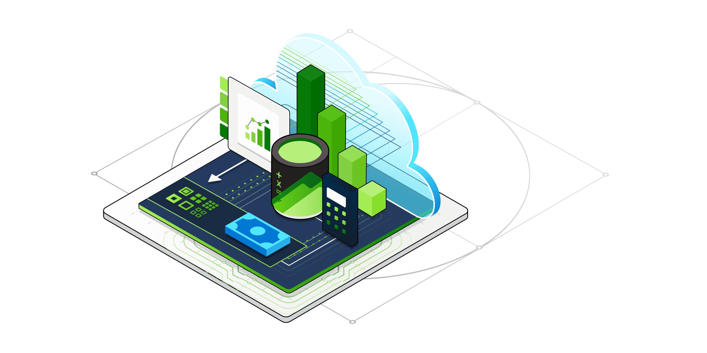 Illustration isométrique des composants techniques pour les services de finance.