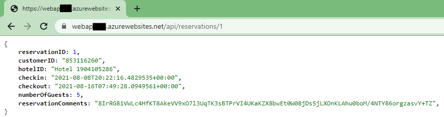 Capture d’écran de l’application web en cours d’exécution, montrant les détails de la réservation numéro 1 au format JSON.