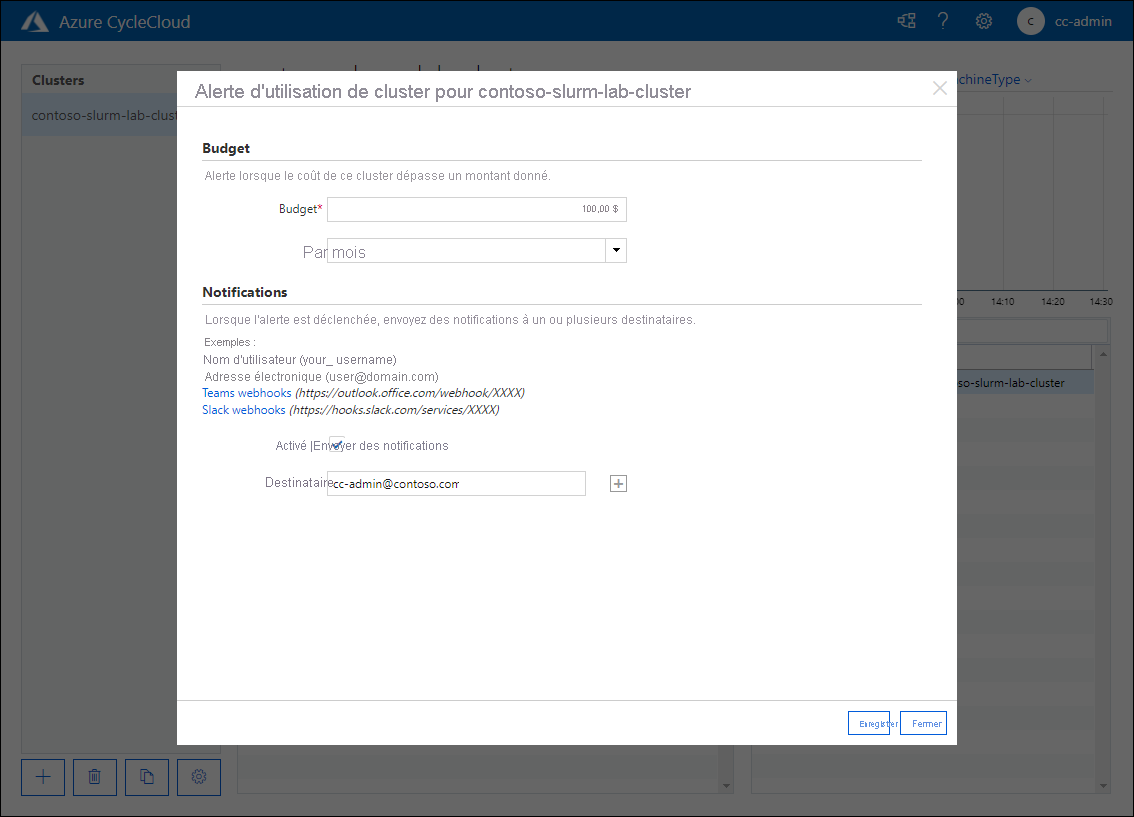 Capture d’écran montrant l’alerte relative à l’utilisation du cluster pour la fenêtre indépendante contoso-slurm-lab-cluster dans l’application web Azure CycleCloud.