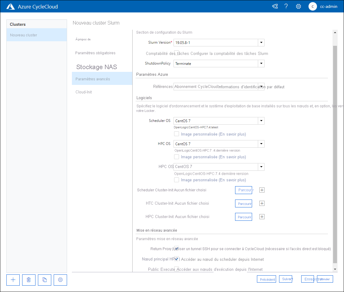 Capture d’écran montrant l’onglet Paramètres avancés de la page Nouveau cluster Slurm de l’application web Azure CycleCloud.