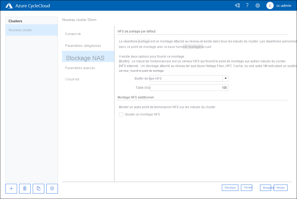 Capture d’écran montrant l’onglet Périphérique de stockage NAS de la page Nouveau cluster Slurm de l’application web Azure CycleCloud.