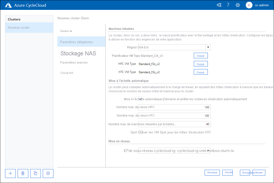 Capture d’écran montrant l’onglet Paramètres obligatoires de la page Nouveau cluster Slurm de l’application web Azure CycleCloud.