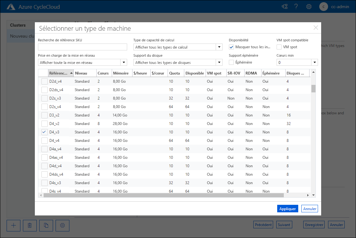 Capture d’écran montrant l’onglet de la fenêtre indépendante Sélectionner un type de machine de la page Nouveau cluster Slurm de l’application web Azure CycleCloud.